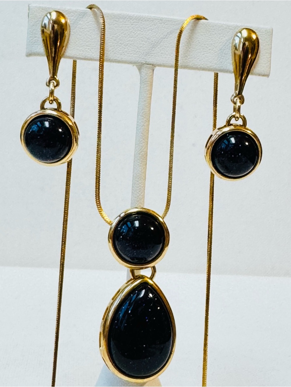 Vintage Possebon Blue Goldstone Gold 16.5" Necklace Earrings Set Women's